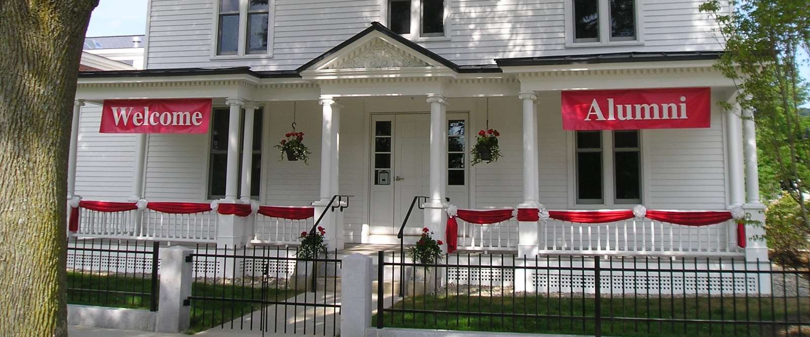 Alumni house, with welcome banner