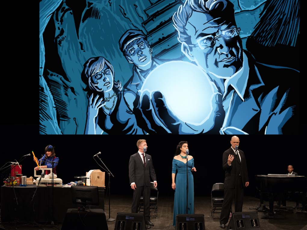 The comic book adventure "The Intergalactic Nemesis: Target Earth" unfolds with three actors portraying all the characters.