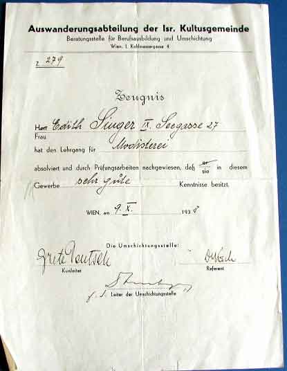 Edith's certificate for passing a course in hat making.